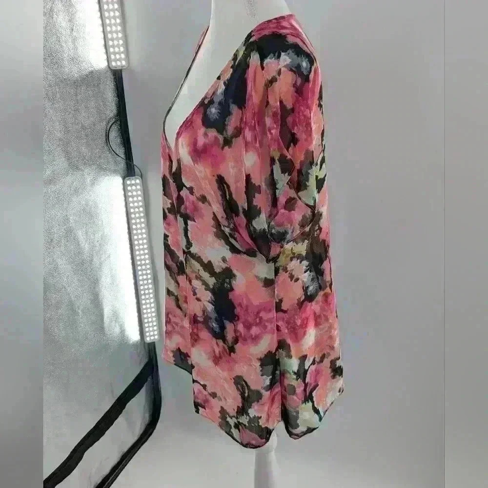 Show Me Your Mumu Semi Sheer Floral V Neck Top Blouse Size M Black Pink Tie Dye